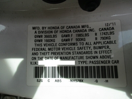 2012 HONDA CIVIC LX WHITE 4DR 1.8L VTEC AT A16325